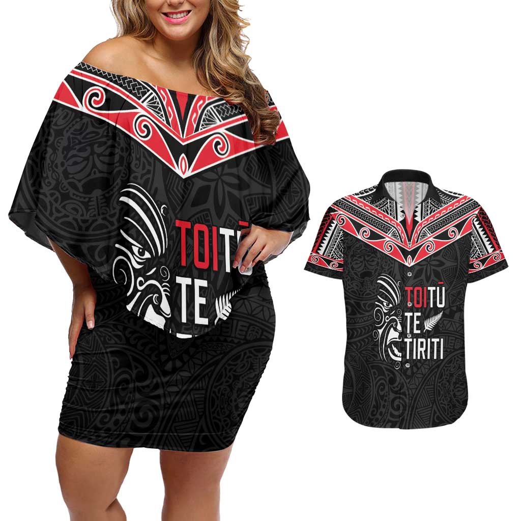 Aotearoa Toitu Te Tiriti Couples Matching Off Shoulder Short Dress and Hawaiian Shirt New Zealand Honour The Treaty LT05 Black - Polynesian Pride
