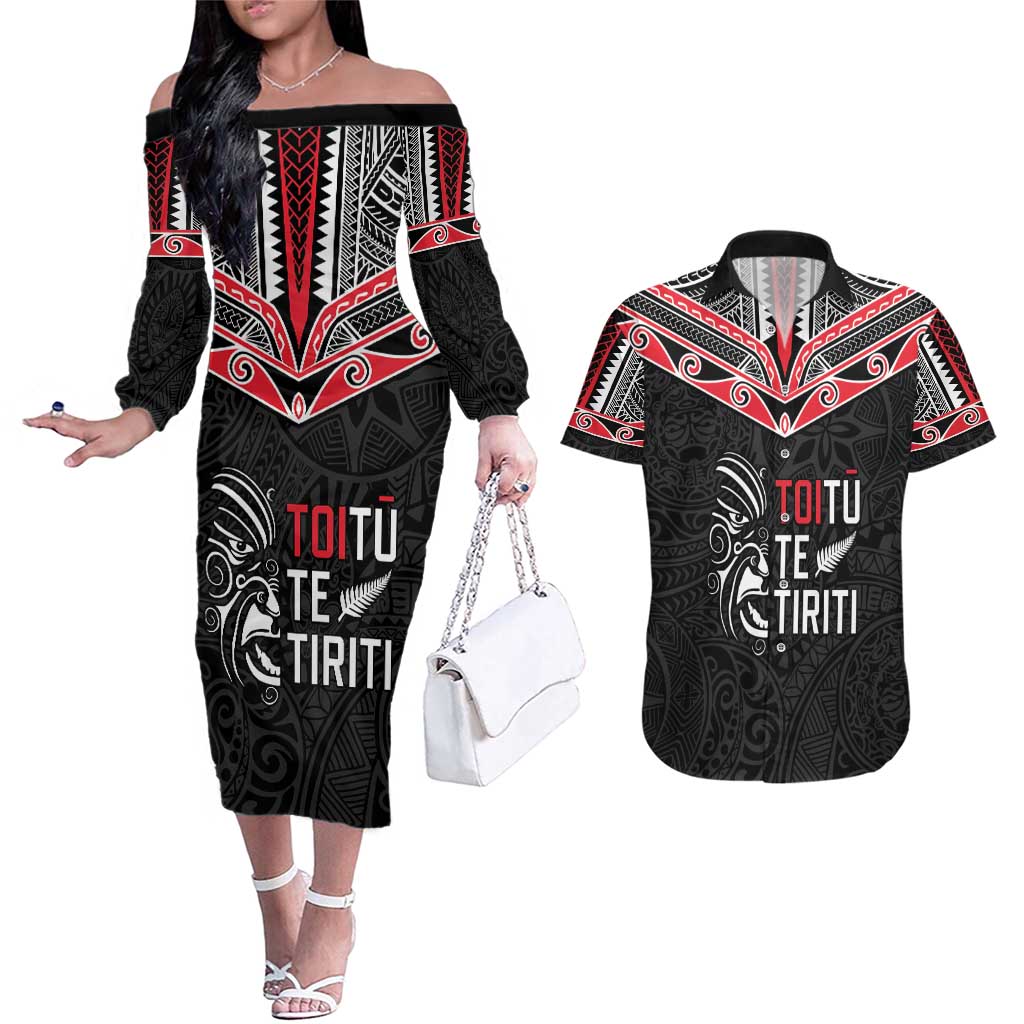 Aotearoa Toitu Te Tiriti Couples Matching Off The Shoulder Long Sleeve Dress and Hawaiian Shirt New Zealand Honour The Treaty LT05 Black - Polynesian Pride
