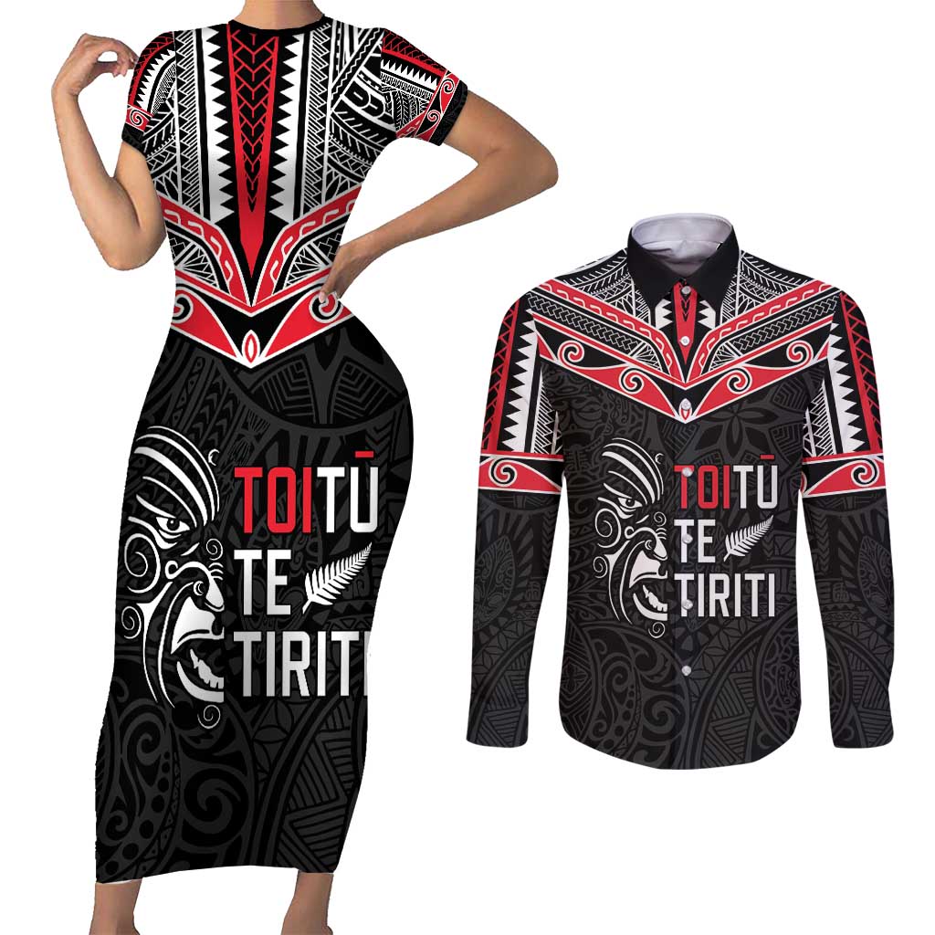 Aotearoa Toitu Te Tiriti Couples Matching Short Sleeve Bodycon Dress and Long Sleeve Button Shirt New Zealand Honour The Treaty LT05 Black - Polynesian Pride