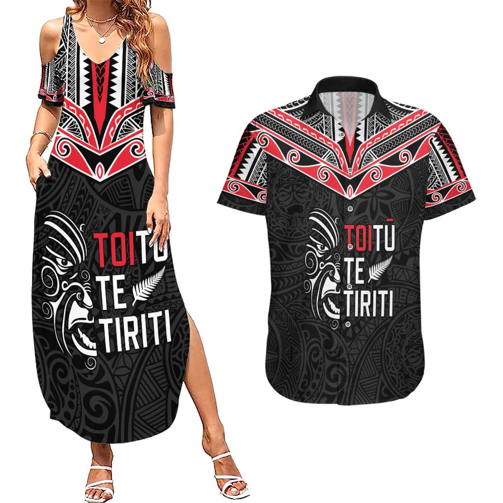 Aotearoa Toitu Te Tiriti Couples Matching Summer Maxi Dress and Hawaiian Shirt New Zealand Honour The Treaty LT05 Black - Polynesian Pride
