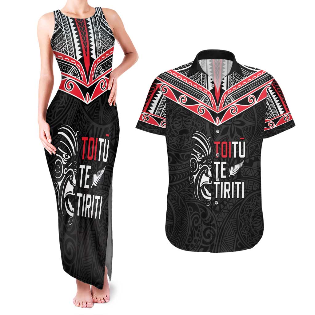 Aotearoa Toitu Te Tiriti Couples Matching Tank Maxi Dress and Hawaiian Shirt New Zealand Honour The Treaty LT05 Black - Polynesian Pride