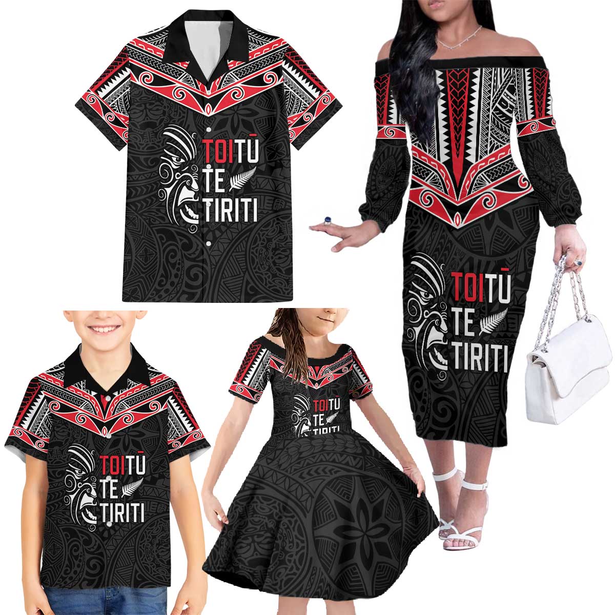 Aotearoa Toitu Te Tiriti Family Matching Off The Shoulder Long Sleeve Dress and Hawaiian Shirt New Zealand Honour The Treaty