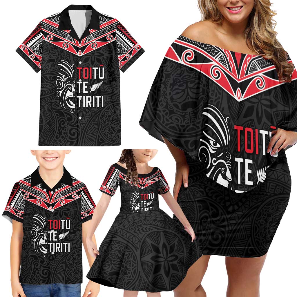 Aotearoa Toitu Te Tiriti Family Matching Off Shoulder Short Dress and Hawaiian Shirt New Zealand Honour The Treaty