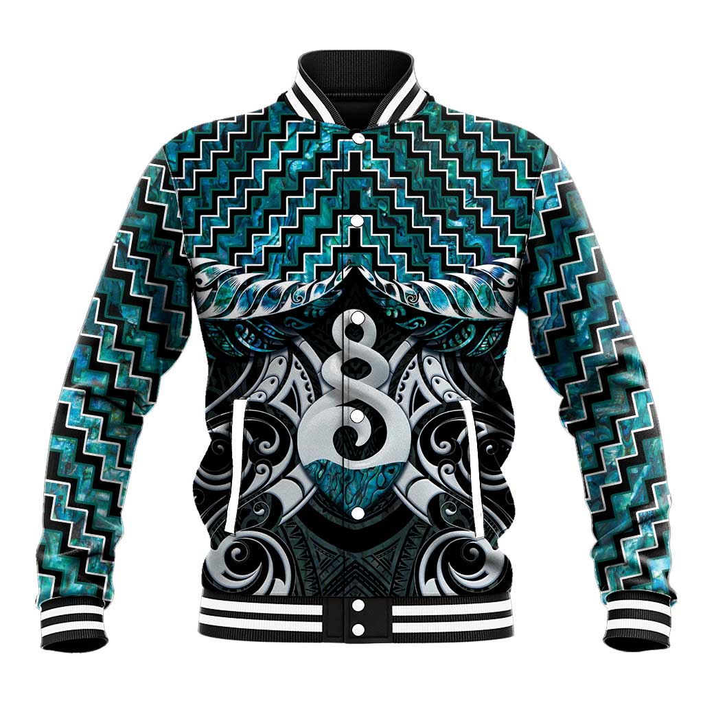 New Zealand Maori Baseball Jacket Poutama Pikorua Turquoise Paua Shell LT05 Unisex Turquoise - Polynesian Pride