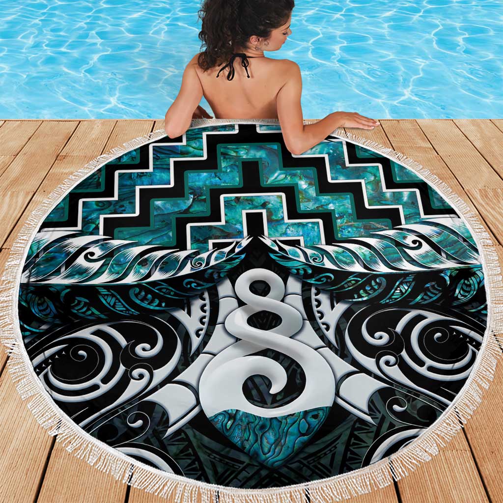 New Zealand Maori Beach Blanket Poutama Pikorua Turquoise Paua Shell LT05 - Polynesian Pride