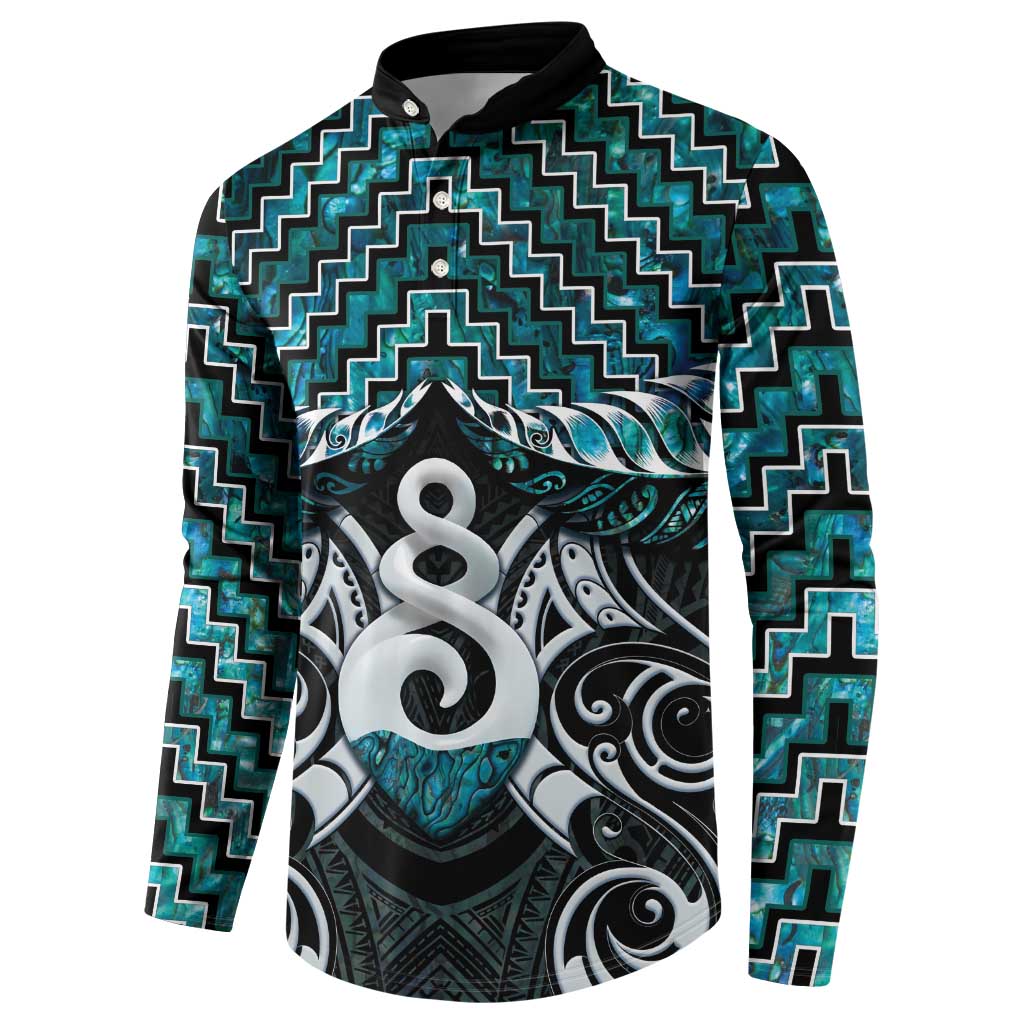 New Zealand Maori Button Sweatshirt Poutama Pikorua Turquoise Paua Shell LT05 - Polynesian Pride