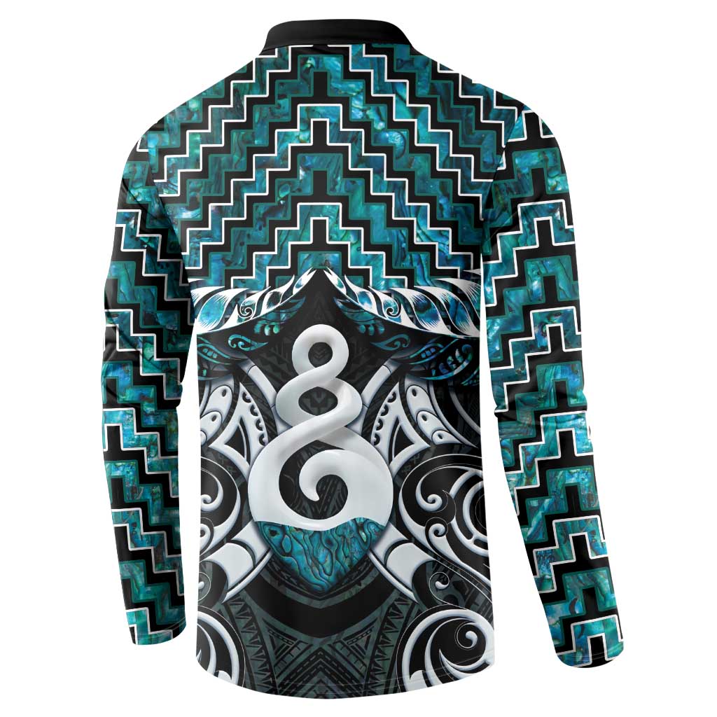 New Zealand Maori Button Sweatshirt Poutama Pikorua Turquoise Paua Shell LT05 - Polynesian Pride