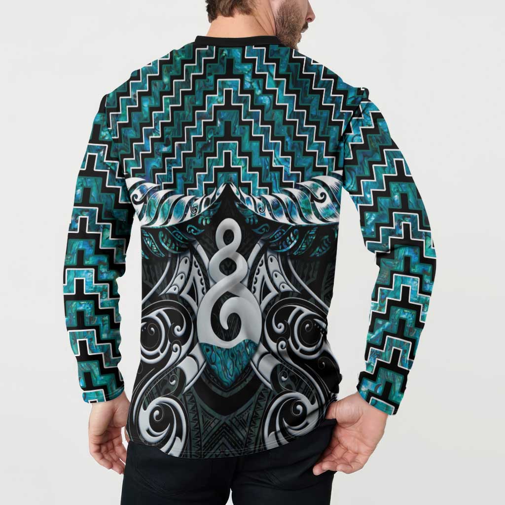 New Zealand Maori Button Sweatshirt Poutama Pikorua Turquoise Paua Shell LT05 - Polynesian Pride
