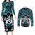 New Zealand Maori Couples Matching Long Sleeve Bodycon Dress and Long Sleeve Button Shirt Poutama Pikorua Turquoise Paua Shell