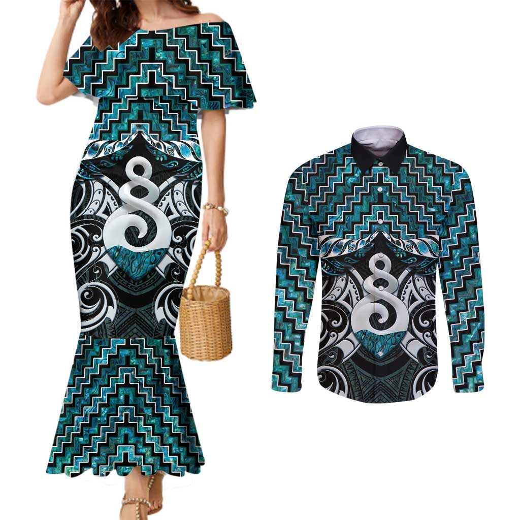 New Zealand Maori Couples Matching Mermaid Dress and Long Sleeve Button Shirt Poutama Pikorua Turquoise Paua Shell LT05 Turquoise - Polynesian Pride