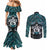 New Zealand Maori Couples Matching Mermaid Dress and Long Sleeve Button Shirt Poutama Pikorua Turquoise Paua Shell
