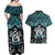 New Zealand Maori Couples Matching Off Shoulder Maxi Dress and Hawaiian Shirt Poutama Pikorua Turquoise Paua Shell