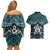 New Zealand Maori Couples Matching Off Shoulder Short Dress and Hawaiian Shirt Poutama Pikorua Turquoise Paua Shell
