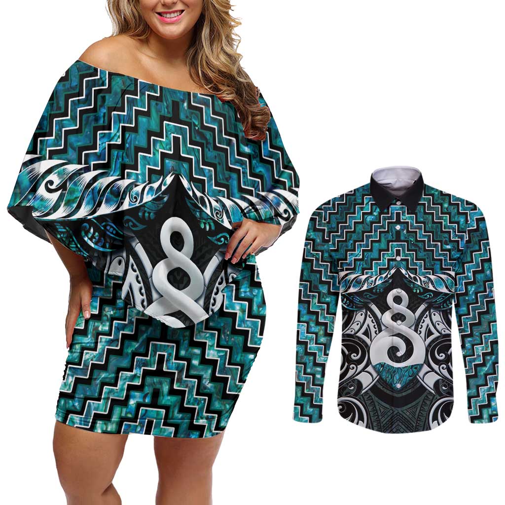 New Zealand Maori Couples Matching Off Shoulder Short Dress and Long Sleeve Button Shirt Poutama Pikorua Turquoise Paua Shell LT05 Turquoise - Polynesian Pride
