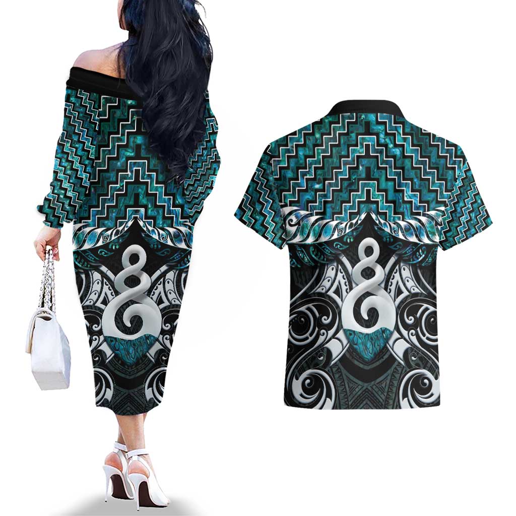 New Zealand Maori Couples Matching Off The Shoulder Long Sleeve Dress and Hawaiian Shirt Poutama Pikorua Turquoise Paua Shell LT05 - Polynesian Pride