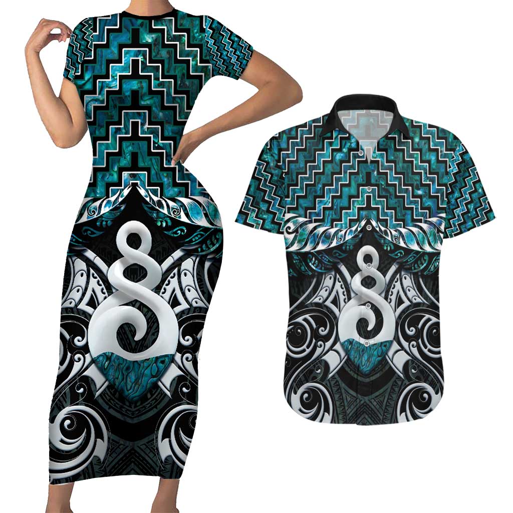 New Zealand Maori Couples Matching Short Sleeve Bodycon Dress and Hawaiian Shirt Poutama Pikorua Turquoise Paua Shell LT05 Turquoise - Polynesian Pride