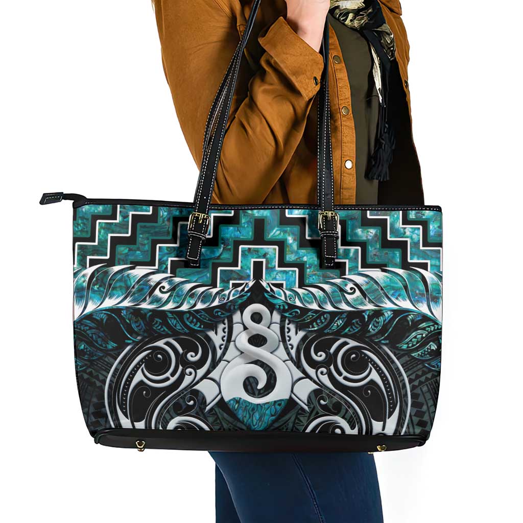 New Zealand Maori Leather Tote Bag Poutama Pikorua Turquoise Paua Shell LT05 - Polynesian Pride