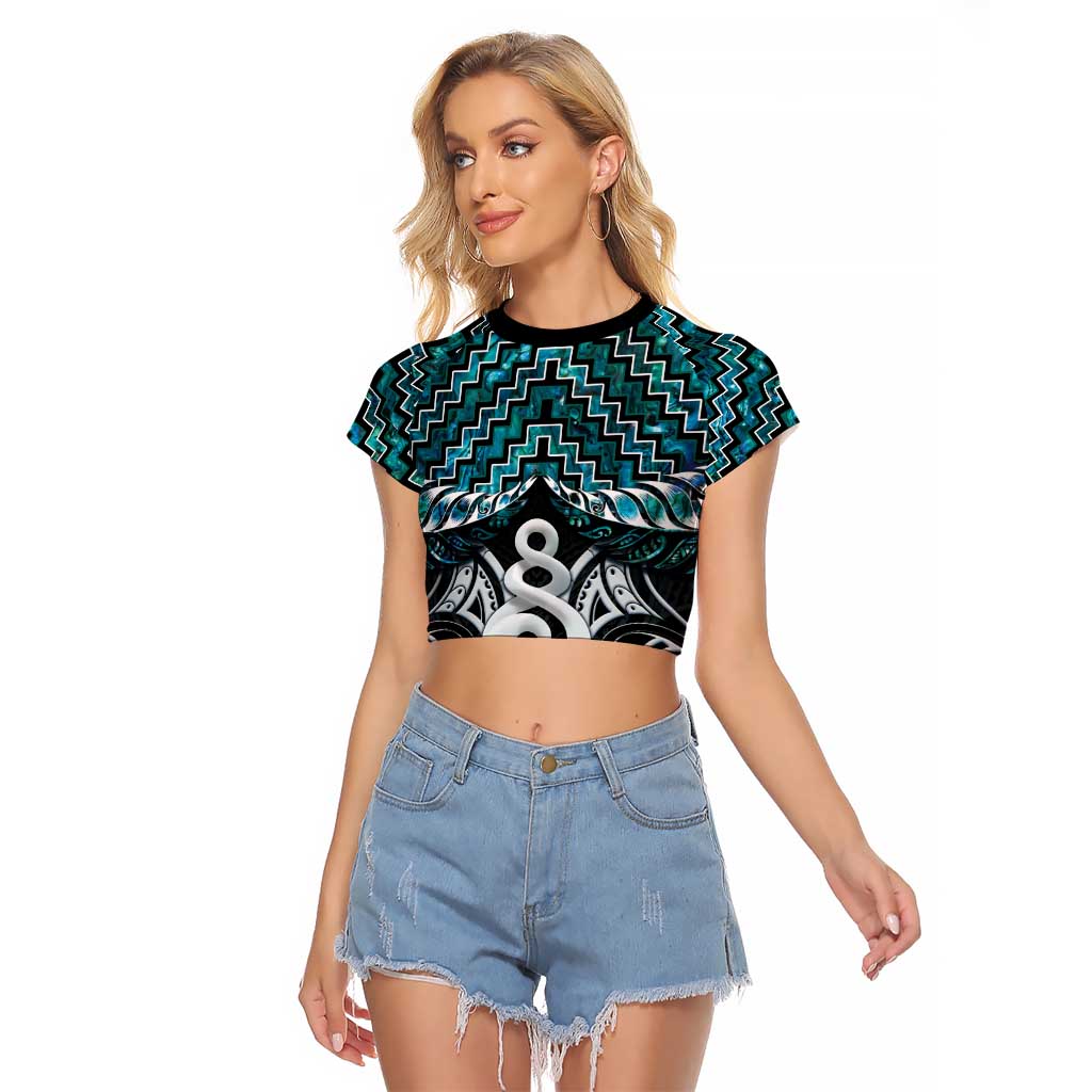 New Zealand Maori Raglan Cropped T Shirt Poutama Pikorua Turquoise Paua Shell LT05 Female Turquoise - Polynesian Pride