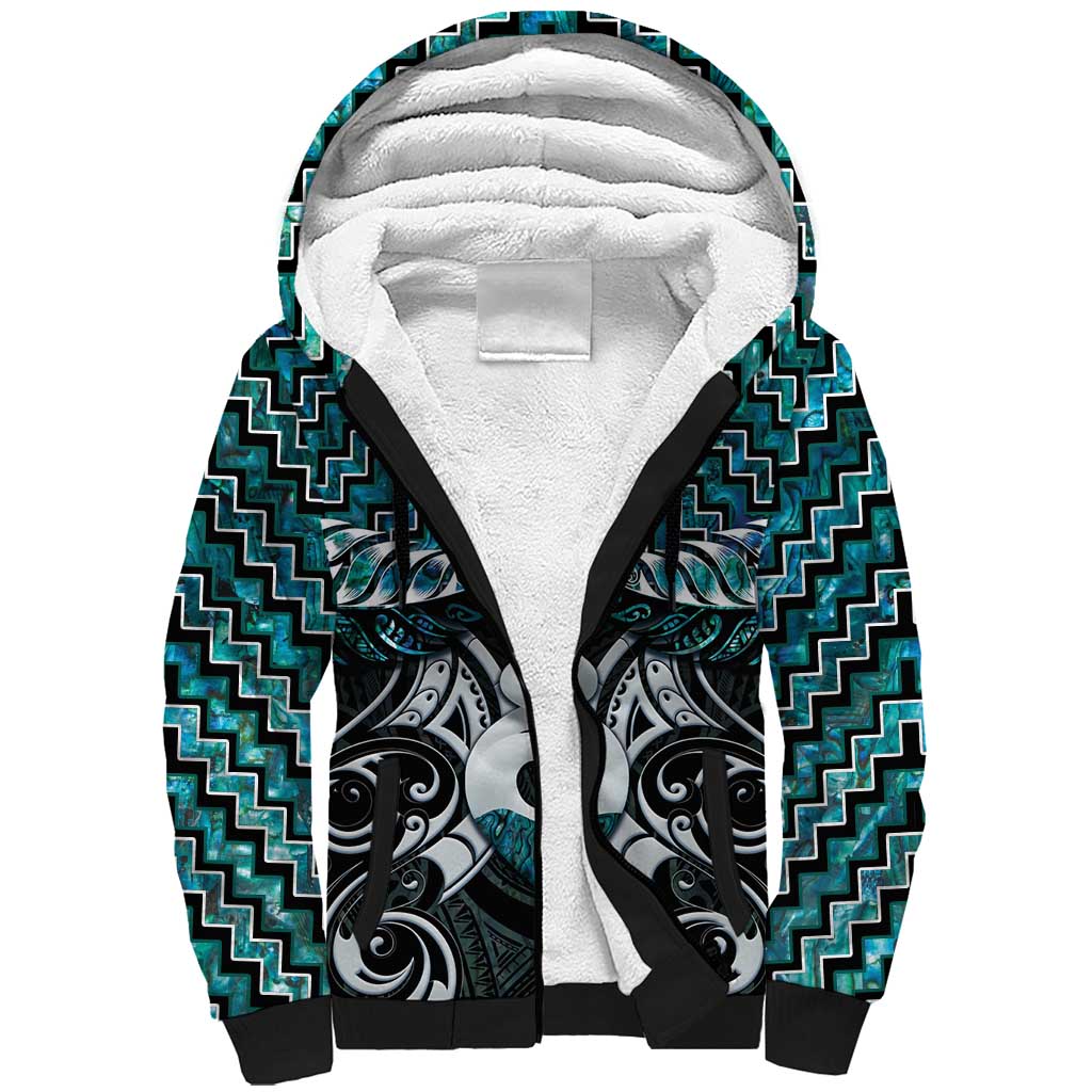 New Zealand Maori Sherpa Hoodie Poutama Pikorua Turquoise Paua Shell LT05 Unisex Turquoise - Polynesian Pride