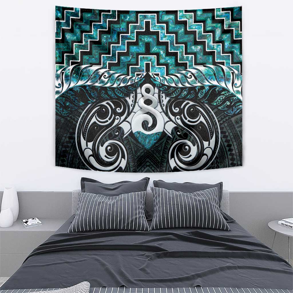 New Zealand Maori Tapestry Poutama Pikorua Turquoise Paua Shell