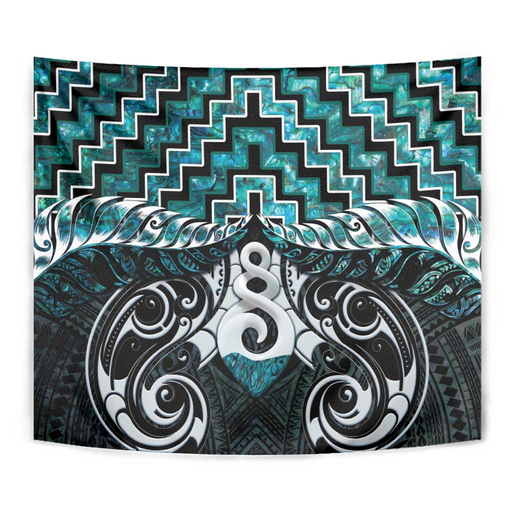 New Zealand Maori Tapestry Poutama Pikorua Turquoise Paua Shell
