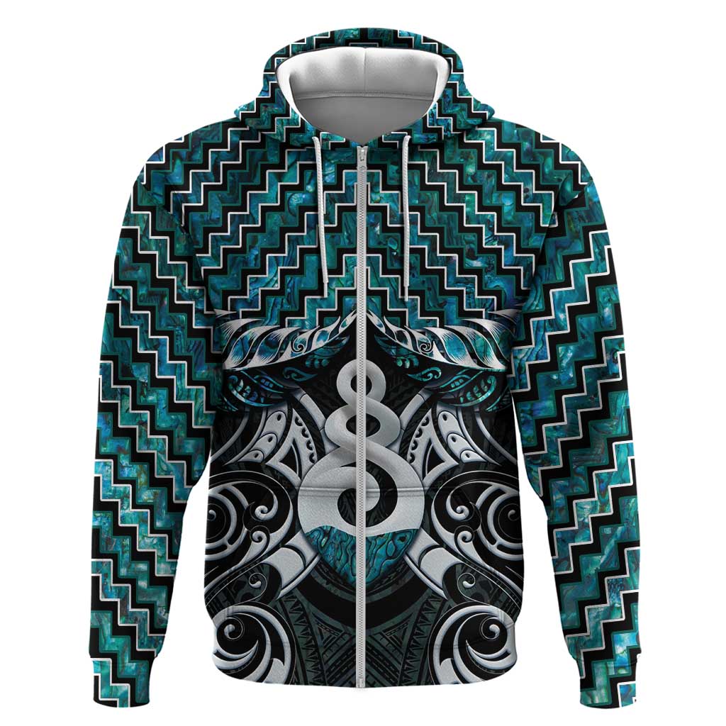 New Zealand Maori Zip Hoodie Poutama Pikorua Turquoise Paua Shell