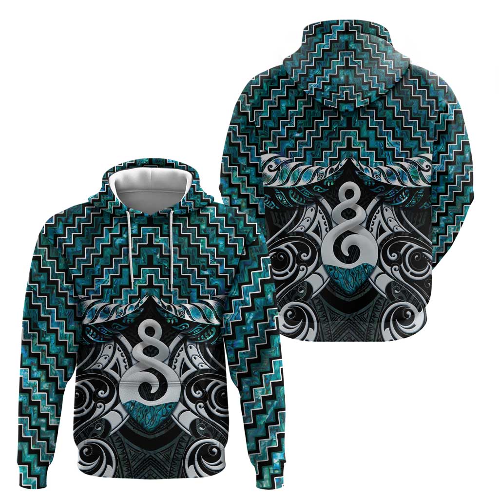 New Zealand Maori Zip Hoodie Poutama Pikorua Turquoise Paua Shell