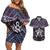 New Zealand Maori Couples Matching Off Shoulder Short Dress and Hawaiian Shirt Poutama Pikorua Purple Paua Shell