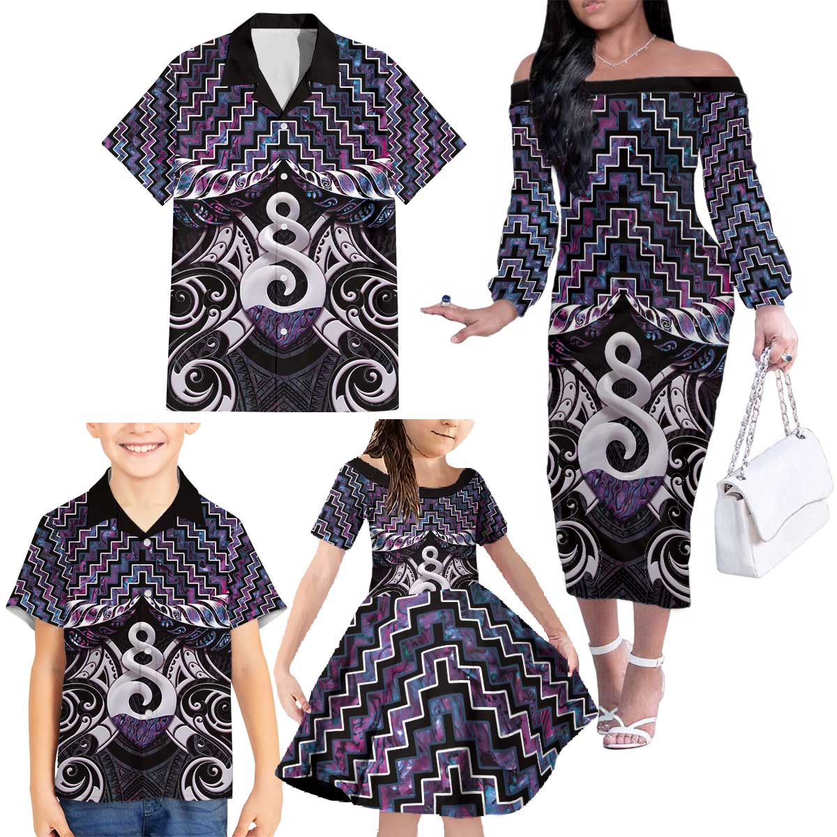 New Zealand Maori Family Matching Off The Shoulder Long Sleeve Dress and Hawaiian Shirt Poutama Pikorua Purple Paua Shell