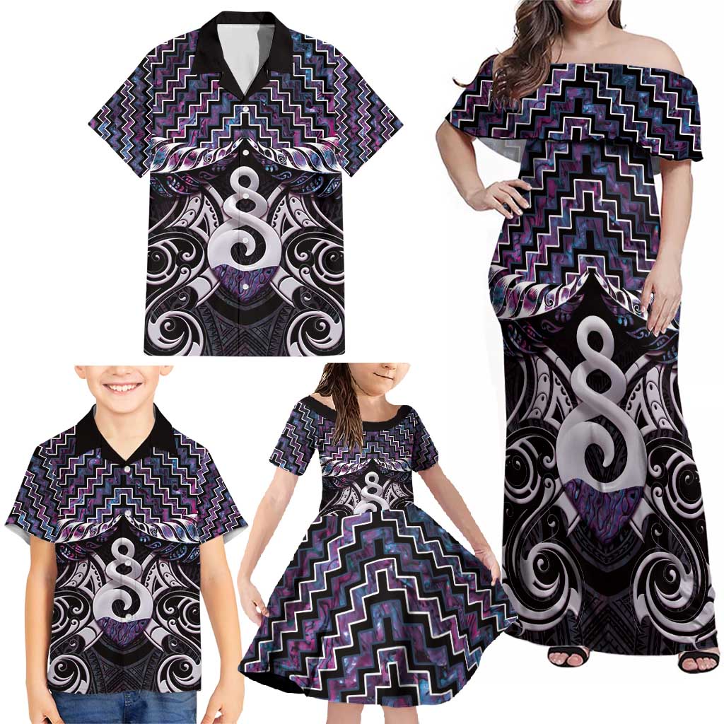 New Zealand Maori Family Matching Off Shoulder Maxi Dress and Hawaiian Shirt Poutama Pikorua Purple Paua Shell