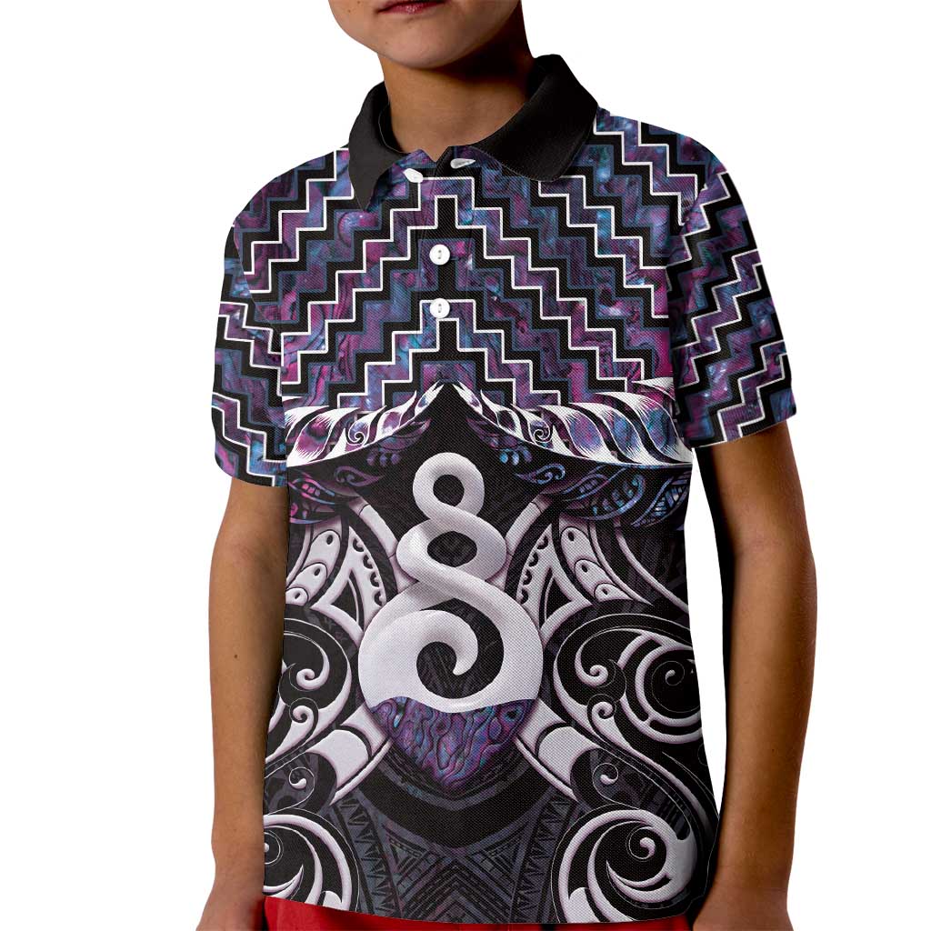 New Zealand Maori Kid Polo Shirt Poutama Pikorua Purple Paua Shell