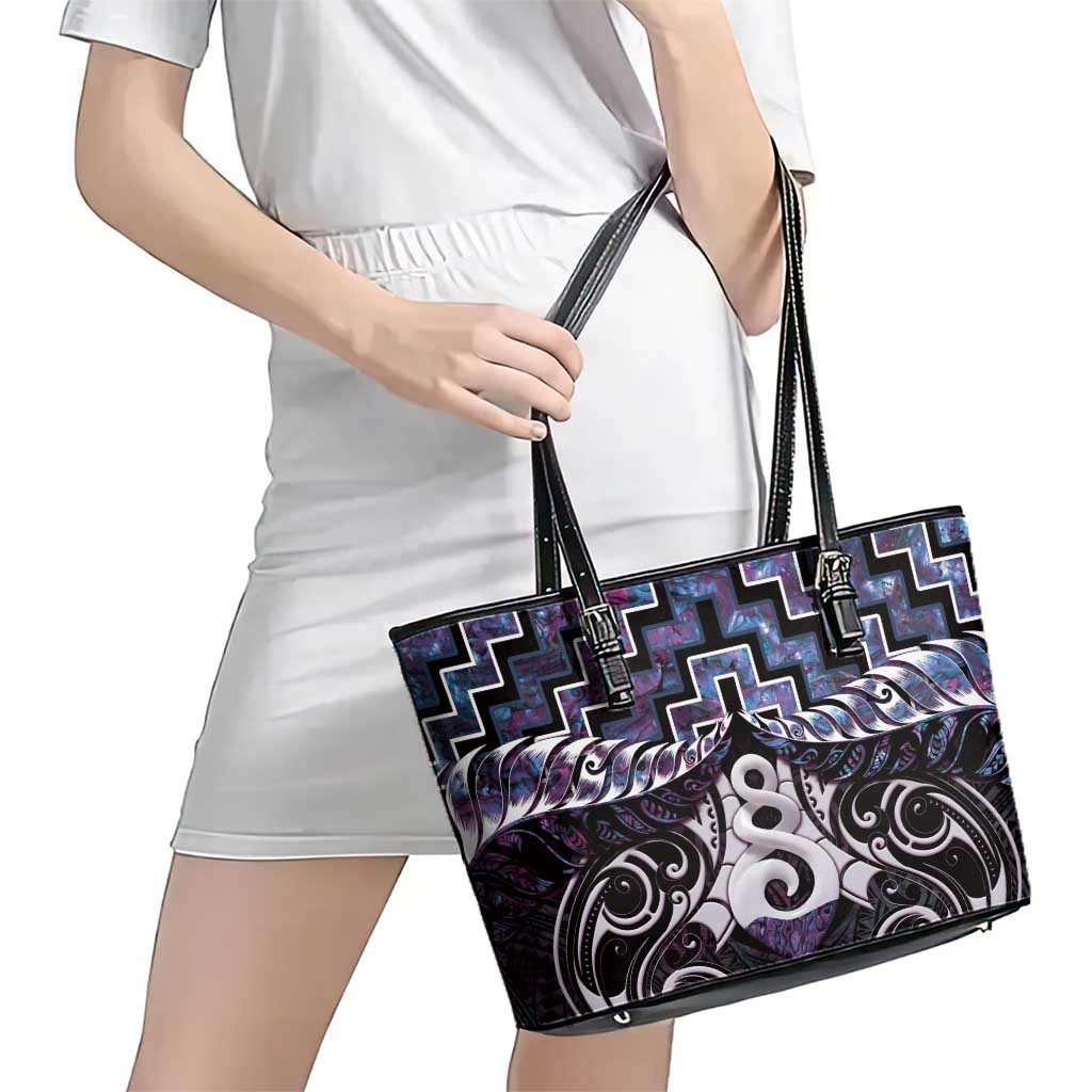 New Zealand Maori Leather Tote Bag Poutama Pikorua Purple Paua Shell LT05 - Polynesian Pride