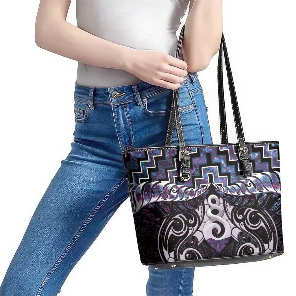 New Zealand Maori Leather Tote Bag Poutama Pikorua Purple Paua Shell LT05 - Polynesian Pride