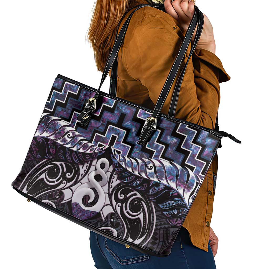 New Zealand Maori Leather Tote Bag Poutama Pikorua Purple Paua Shell LT05 - Polynesian Pride