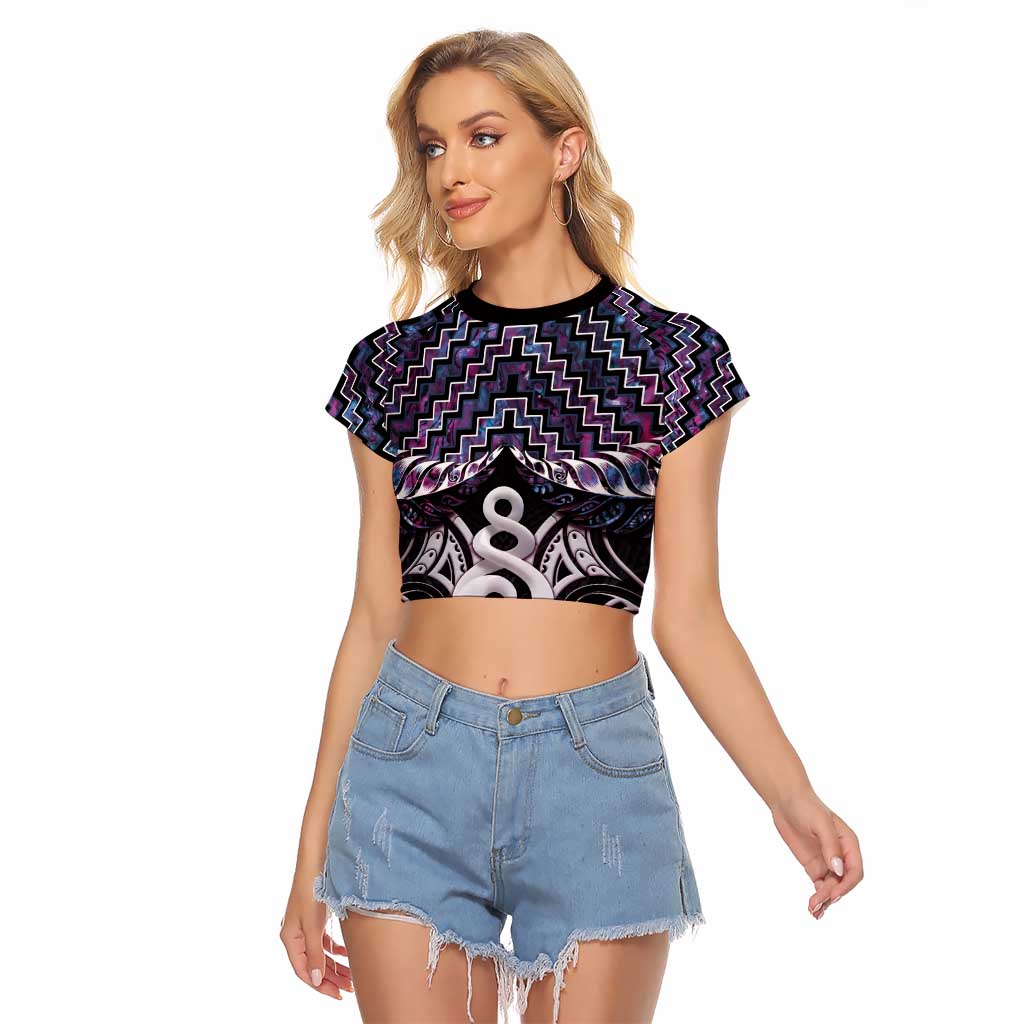 New Zealand Maori Raglan Cropped T Shirt Poutama Pikorua Purple Paua Shell LT05 Female Purple - Polynesian Pride