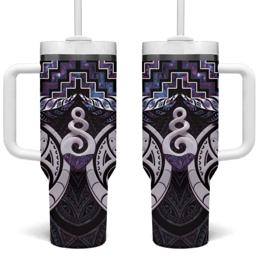 New Zealand Maori Tumbler With Handle Poutama Pikorua Purple Paua Shell LT05 One Size: 40 oz Purple - Polynesian Pride