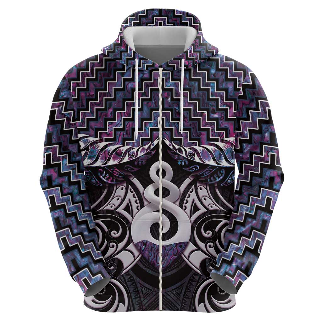 New Zealand Maori Zip Hoodie Poutama Pikorua Purple Paua Shell