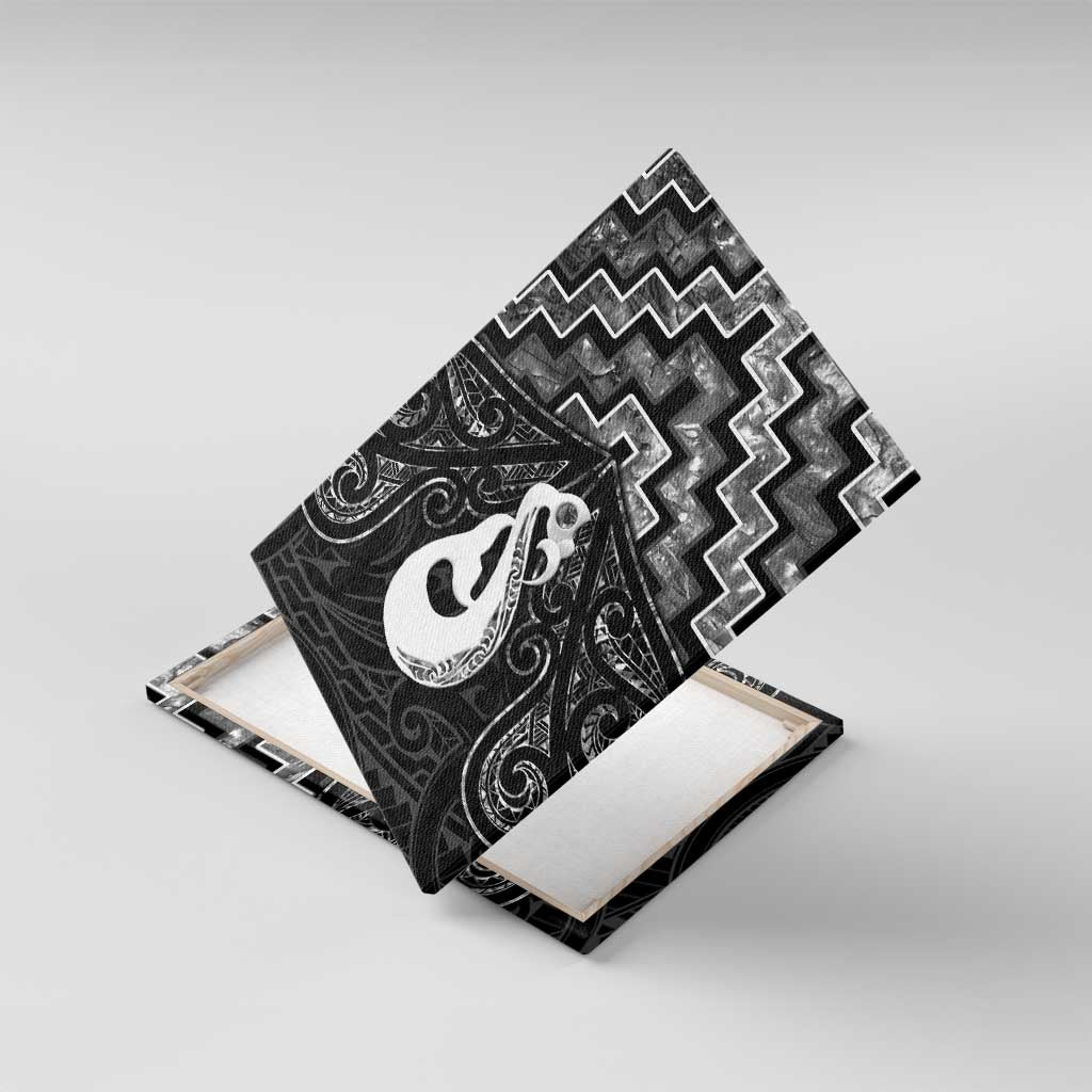 New Zealand Maori Canvas Wall Art Poutama Manaia Black Paua Shell LT05 With Frame Black - Polynesian Pride