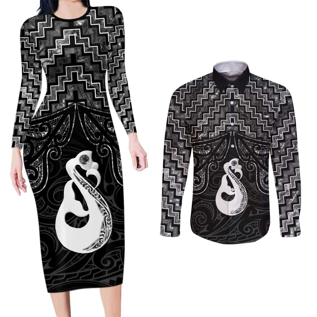 New Zealand Maori Couples Matching Long Sleeve Bodycon Dress and Long Sleeve Button Shirt Poutama Manaia Black Paua Shell LT05 Black - Polynesian Pride