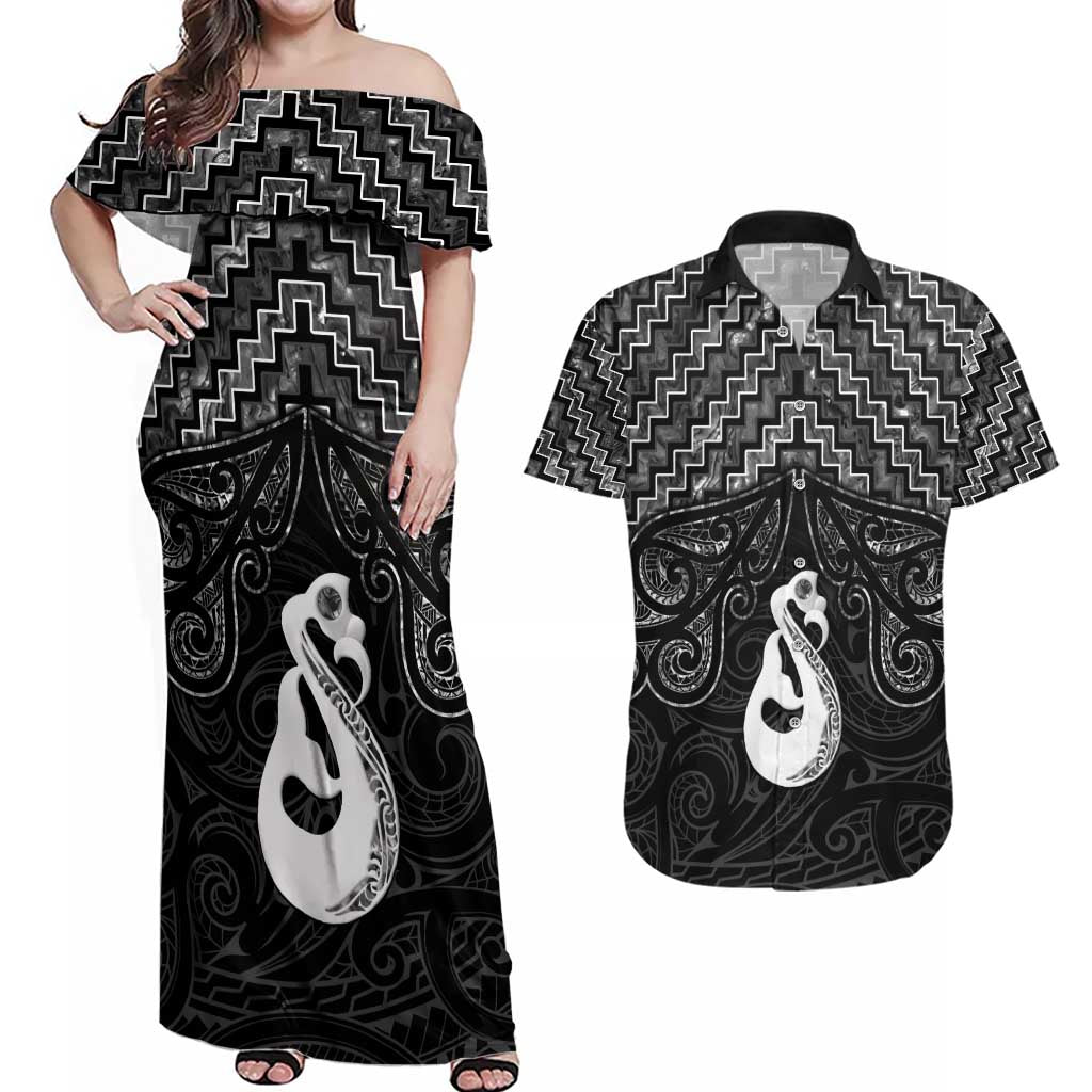 New Zealand Maori Couples Matching Off Shoulder Maxi Dress and Hawaiian Shirt Poutama Manaia Black Paua Shell