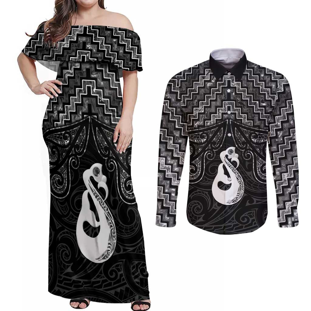 New Zealand Maori Couples Matching Off Shoulder Maxi Dress and Long Sleeve Button Shirt Poutama Manaia Black Paua Shell LT05 Black - Polynesian Pride