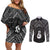 New Zealand Maori Couples Matching Off Shoulder Short Dress and Long Sleeve Button Shirt Poutama Manaia Black Paua Shell