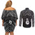 New Zealand Maori Couples Matching Off Shoulder Short Dress and Long Sleeve Button Shirt Poutama Manaia Black Paua Shell