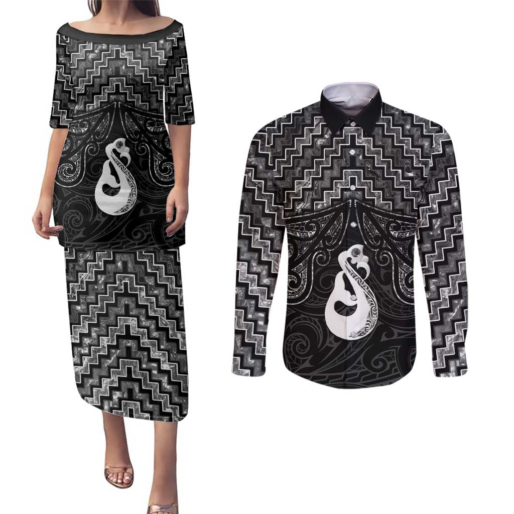 New Zealand Maori Couples Matching Puletasi and Long Sleeve Button Shirt Poutama Manaia Black Paua Shell LT05 Black - Polynesian Pride