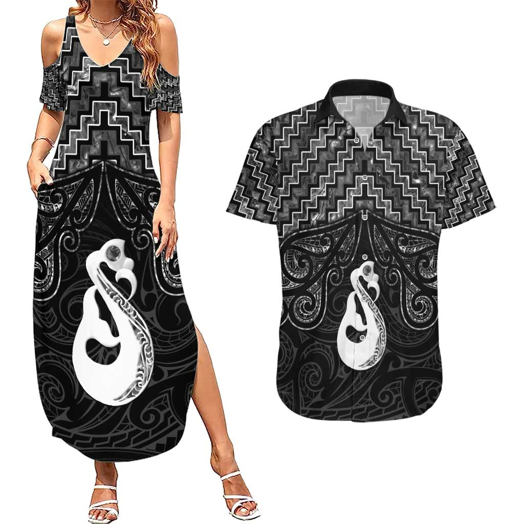 New Zealand Maori Couples Matching Summer Maxi Dress and Hawaiian Shirt Poutama Manaia Black Paua Shell LT05 Black - Polynesian Pride