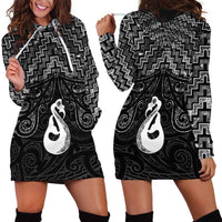 New Zealand Maori Hoodie Dress Poutama Manaia Black Paua Shell