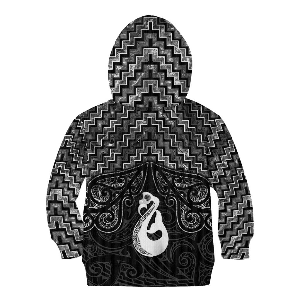 New Zealand Maori Kid Hoodie Poutama Manaia Black Paua Shell