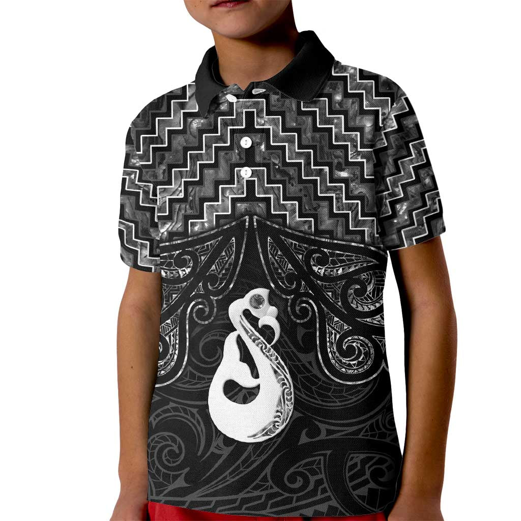 New Zealand Maori Kid Polo Shirt Poutama Manaia Black Paua Shell