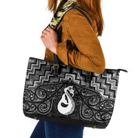 New Zealand Maori Leather Tote Bag Poutama Manaia Black Paua Shell LT05 Black - Polynesian Pride