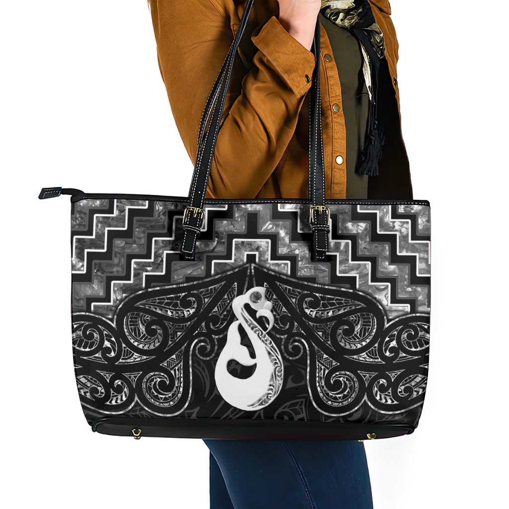 New Zealand Maori Leather Tote Bag Poutama Manaia Black Paua Shell LT05 - Polynesian Pride